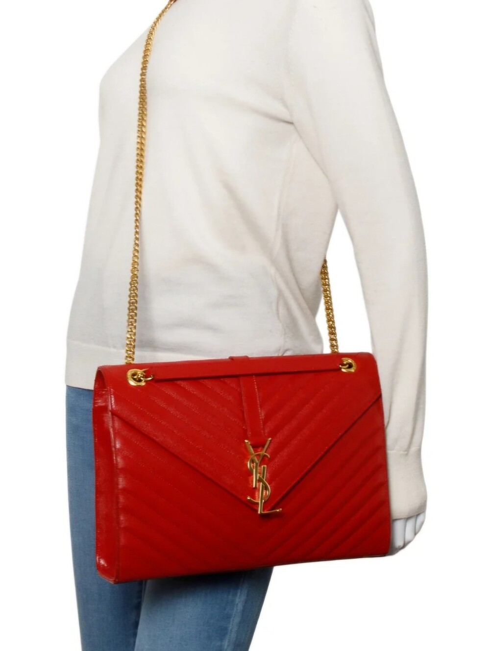 💃 Stunning YSL Red Chevron Grain De Poudre Leather LRG Envelope Chain Bag 💃